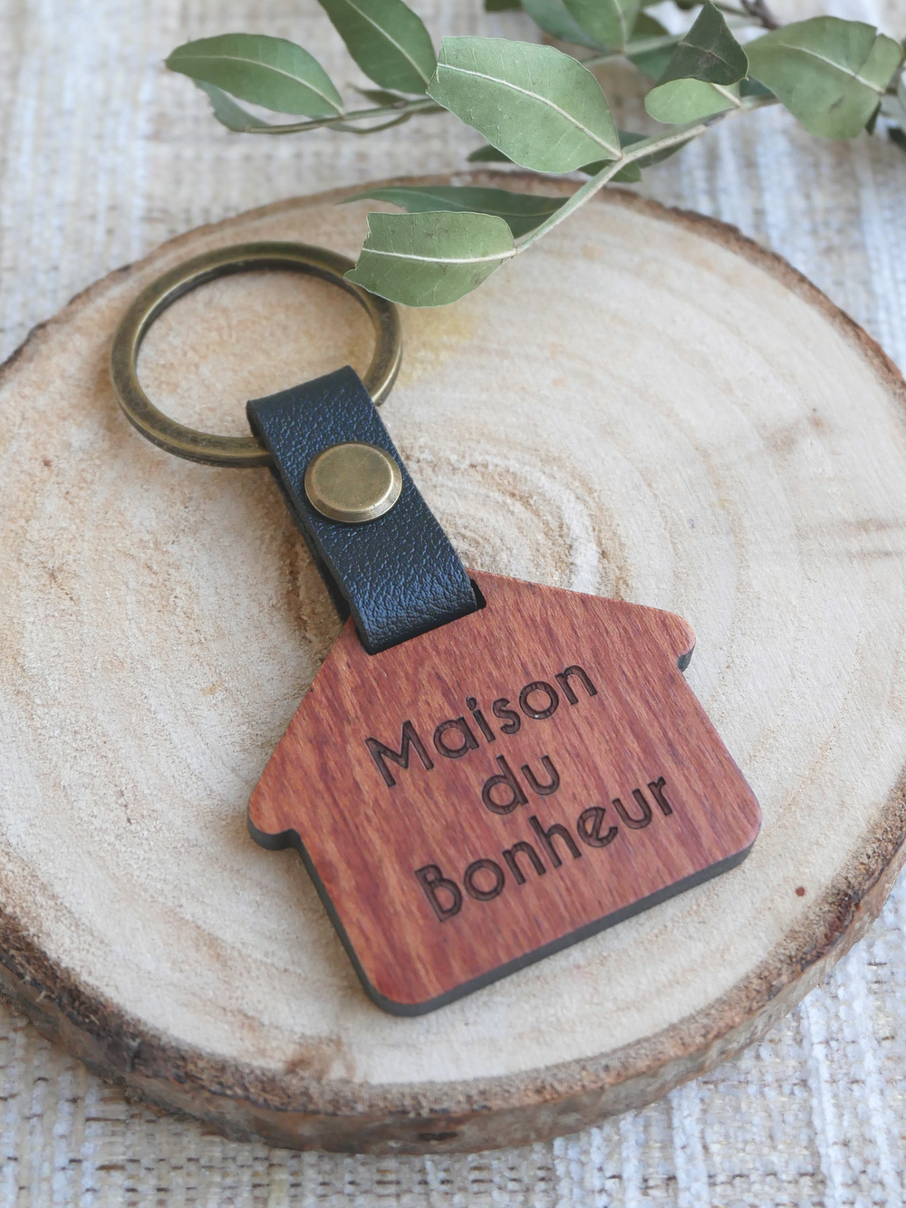 Porte-clés rond en bois personnalisé prénom